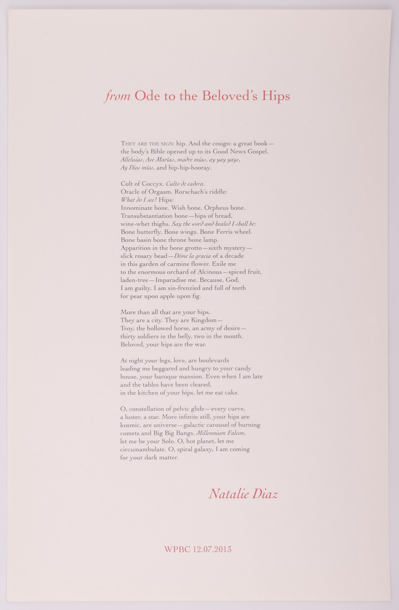 from Ode to the Beloved's Hips by Natalie Diaz (Unsigned)