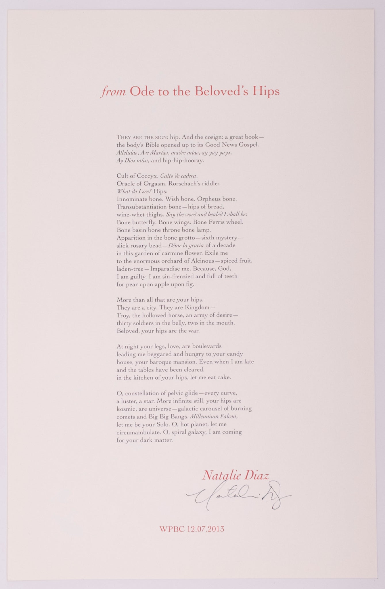 from Ode to the Beloved's Hips by Natalie Diaz (Signed)