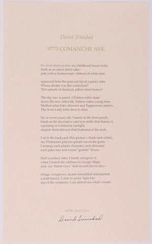Broadside titled 9773 Comanche Ave. by David Trinidad. Green and black text on tan paper.