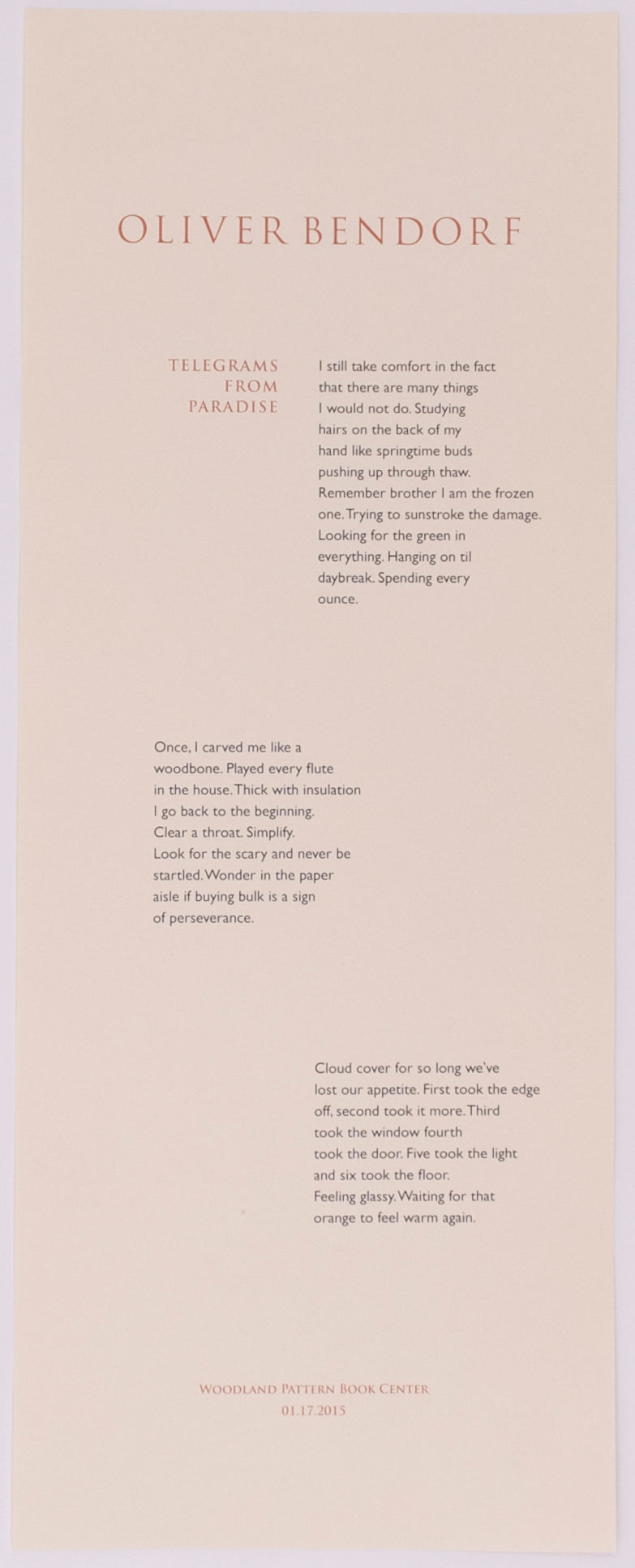 Broadside titled Telegrams form paradise by Oliver Baez Bendorf. Orange and black text on cream paper.