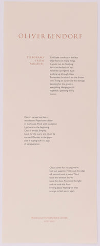 Broadside titled Telegrams form paradise by Oliver Baez Bendorf. Orange and black text on cream paper.