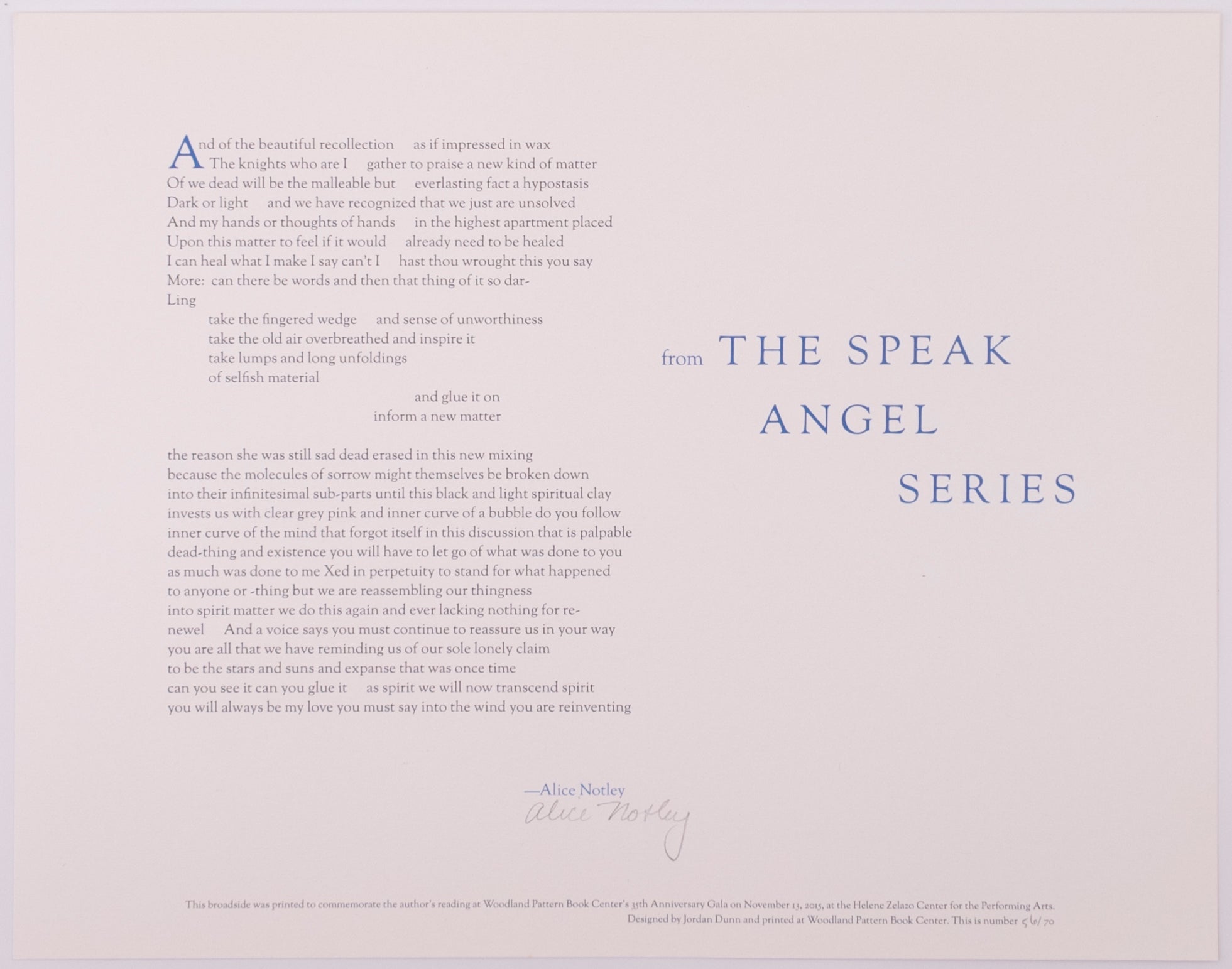 Broadside titled from The Speak Angel Series by Alice Notley. Blue and grey text on grey paper.
