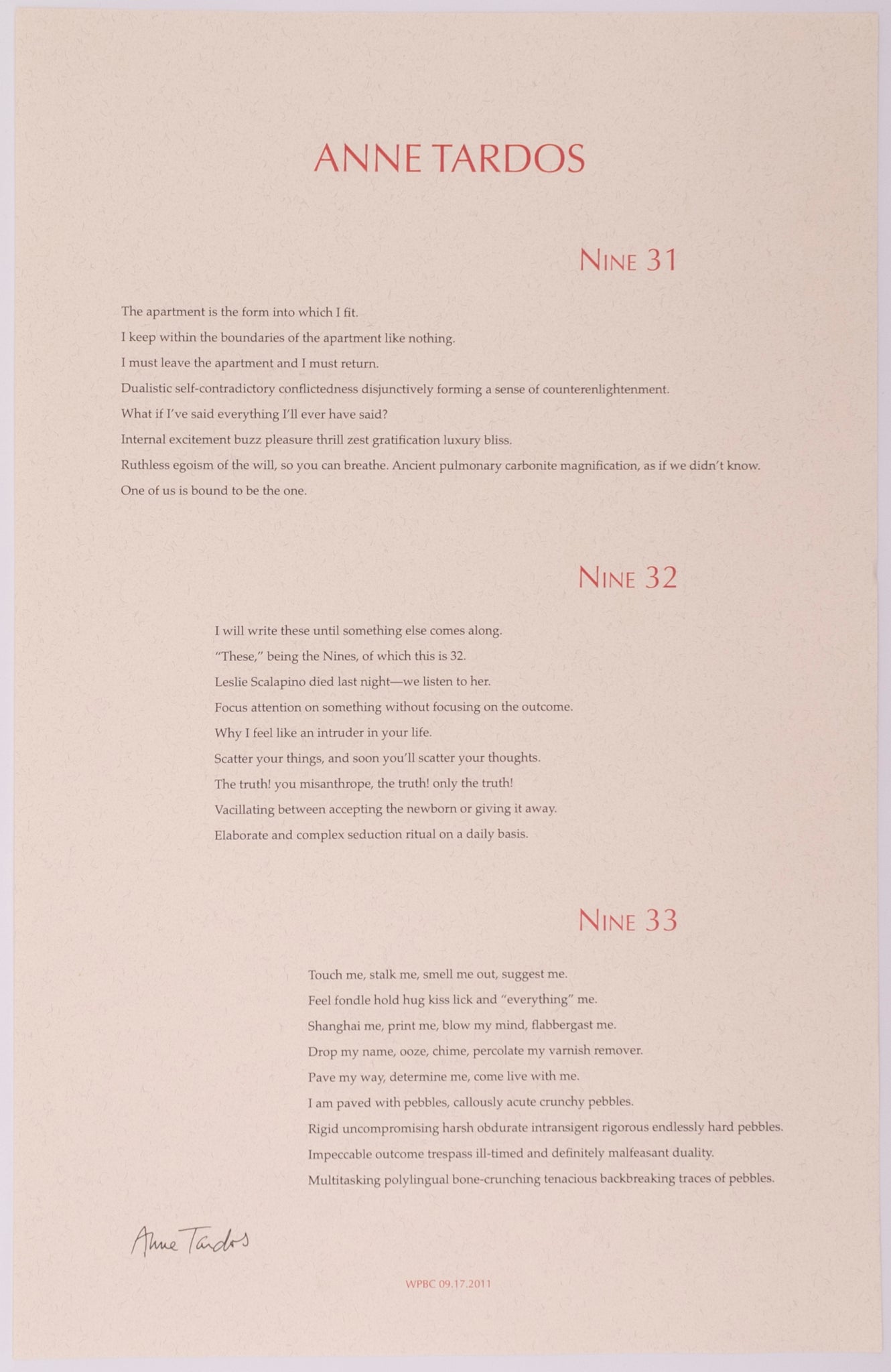 Broadside titled Nine 31; Nine 32; Nine 33 by Anne Tardos. Red and black text on tan paper.