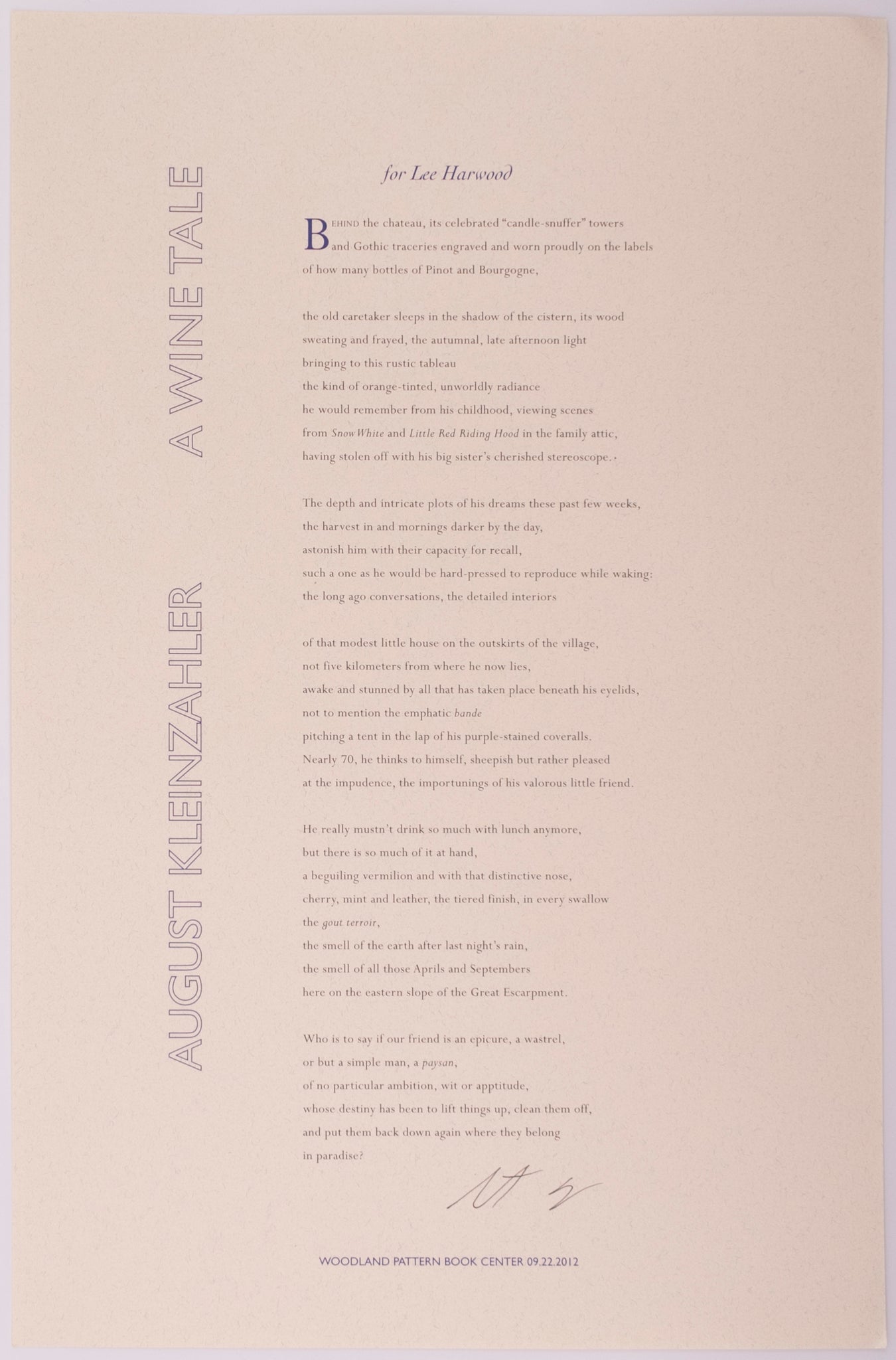 Broadside titled a wine tale by August kleinzahler. Blue and black text on grey paper.