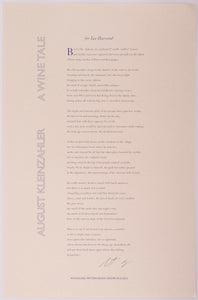 Broadside titled a wine tale by August kleinzahler. Blue and black text on grey paper.