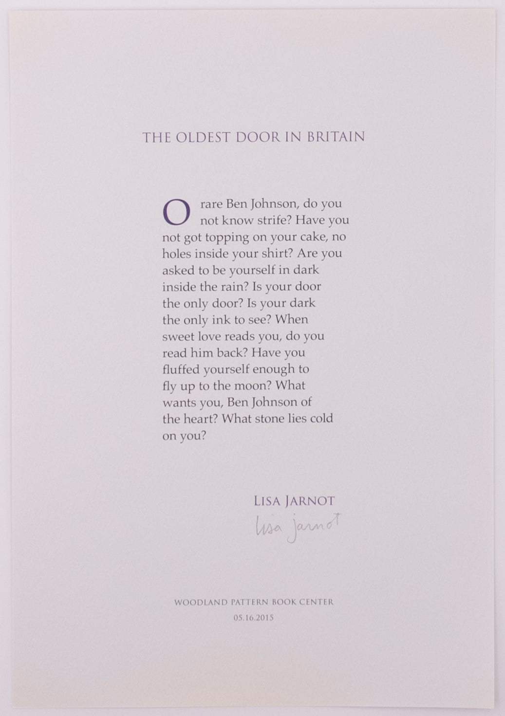 Broadside titled The oldest door in Britain by Lisa Jarnot. Blue text on blue paper.