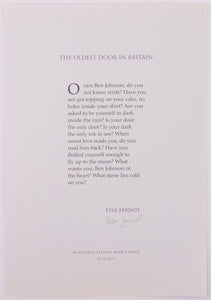 Broadside titled The oldest door in Britain by Lisa Jarnot. Blue text on blue paper.