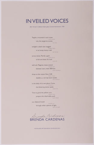 Broadside titled In veiled voices by Brenda Cárdenas. Blue and black text on grey paper.