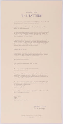 Broadside titled from the tatters by Brenda Coultas. Blue and black text on cream paper.