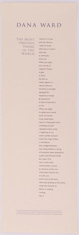 Broadside titled the most obvious things in the world by Dana Ward. Blue and black text on cream paper.