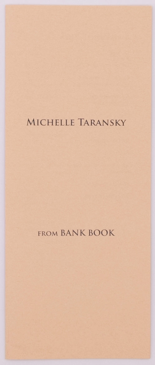 Cover of the broadside titled from bank book by michelle taransky. Black text on cream paper.