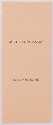 Cover of the broadside titled from bank book by michelle taransky. Black text on cream paper.