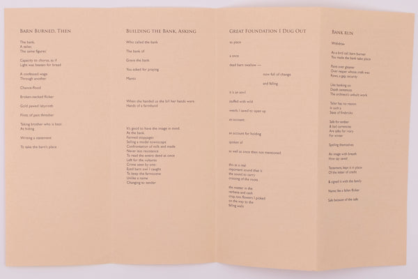 Inside of the broadside titled from bank book by michelle taransky. Black text on cream paper.
