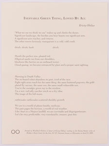 Broadside titled Ineffable Green Thing, Loved by All by Kristy Odelius. Black and grey text on white paper.