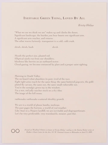 Broadside titled Ineffable Green Thing, Loved by All by Kristy Odelius. Black and grey text on white paper.