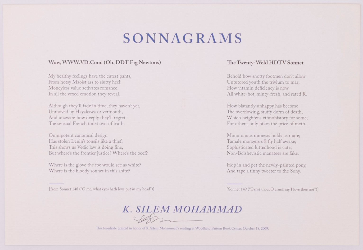 Broadside titled Sonnagrams by K. Silem Mohammad. Blue and black text on grey paper.
