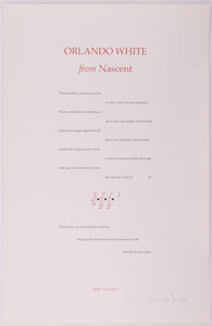 Broadside titled from Nascent by Orlando White. Red and black text on blueish grey paper.