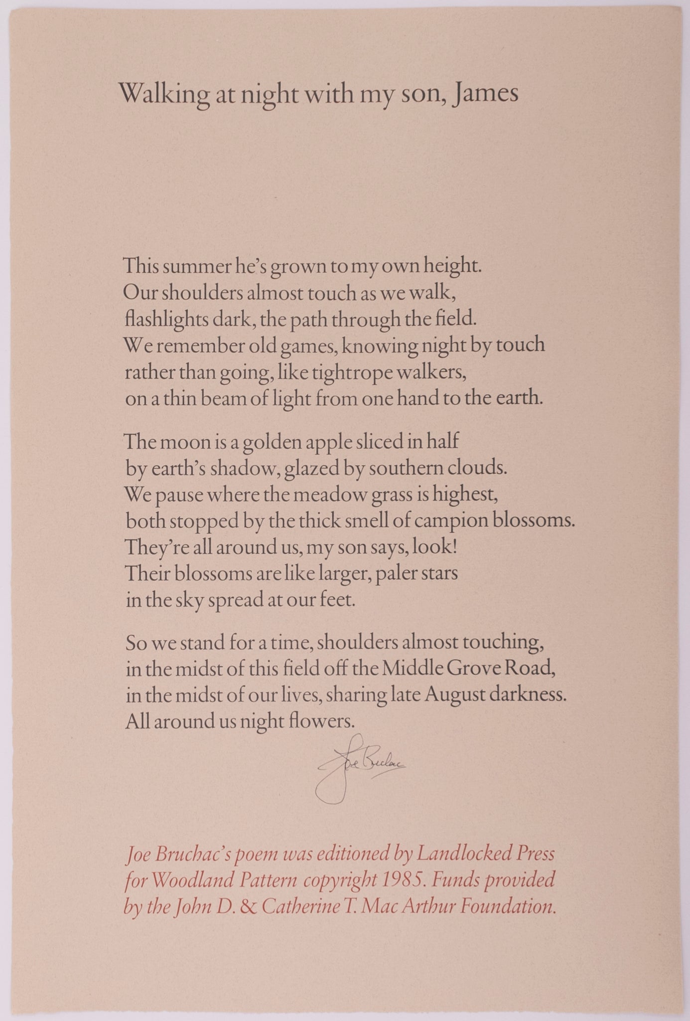 Broadside called Walking at night with my son, James by Joe Bruchac in black text on grey paper 