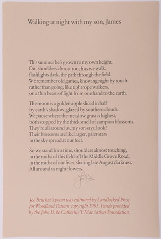 Broadside called Walking at night with my son, James by Joe Bruchac in black text on grey paper 