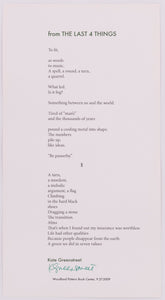 Broadside by Kate Greenstreet titled from the last 4 things. Black text on blueish grey paper.