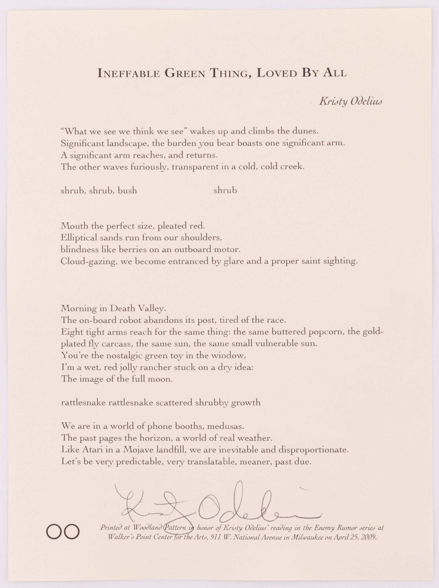 Broadside titled Ineffable Green Thing, loved by all by Kristy Odelius. Black text on grey paper
