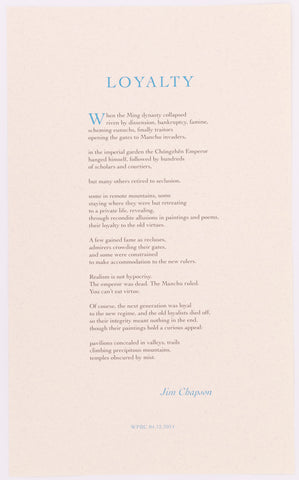 Broadside titled loyalty by Jim Chapson. Blue and black text on white paper.