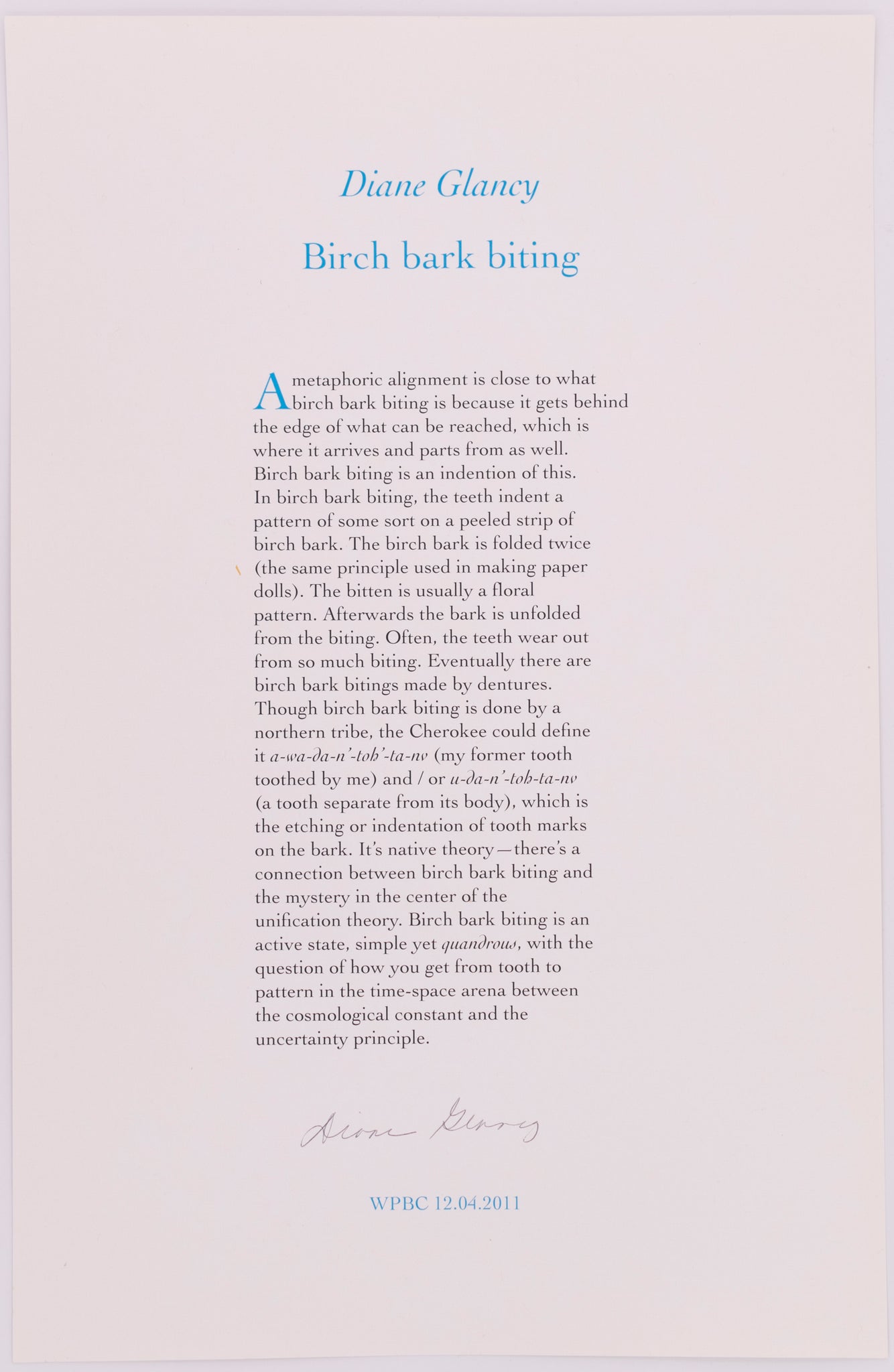 Broadside titled Birch Bark Biting by Diane Glancy. Blue and black text on grey paper.