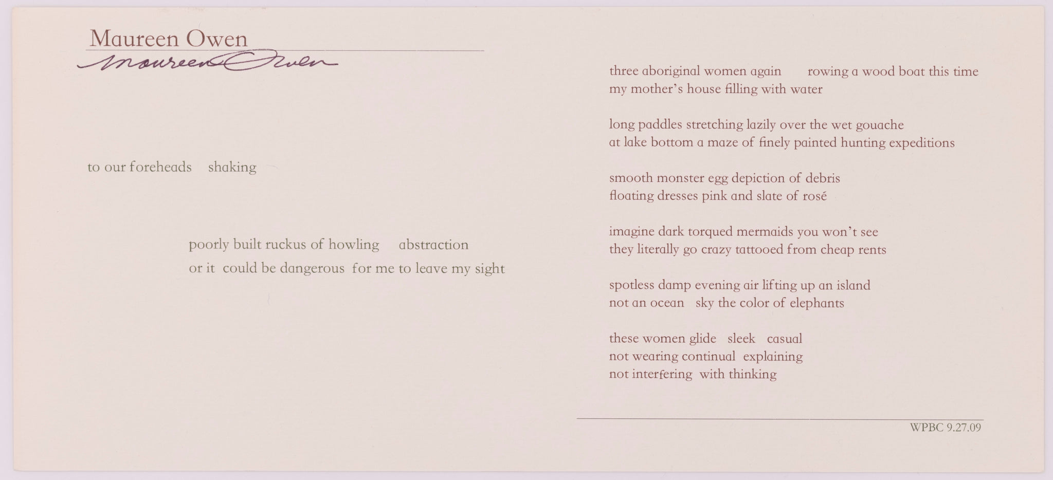 Broadside titled To our foreheads shaking by Maureen Owen. Redish brown and black text on grey paper