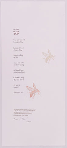 Broadside titled On top of the top by Ron Padgett. Brown and black text on blue paper. On the right side of the page there are 2 illustrations of a fly. Both are brown, but the fly closer to the edge of the page is lighter then the fly closer to the poem.