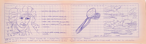 Broadside titled Mural #2 by Leslie Bellavance. Blue grid with white background on cream paper. On the left side is a drawing of a older women with her head in her hand. Next to her is a poem. In the middle towards the right is a drawing of a spoon with a shadow. All the way on the right side next to the spoon is a drawing of a cloudy sky. All of this is in blue.