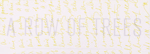Broadside titled A Line of poetry, A row of trees by Ronald Johnson. The words a row of trees are printed  in large grey letters that go horizontally across the center of the page. The words a line of poetry are in yellow cursive letters that repeat over and over again in a vertical orientation across the page. The yellow words are on top of the grey words. The background is white.