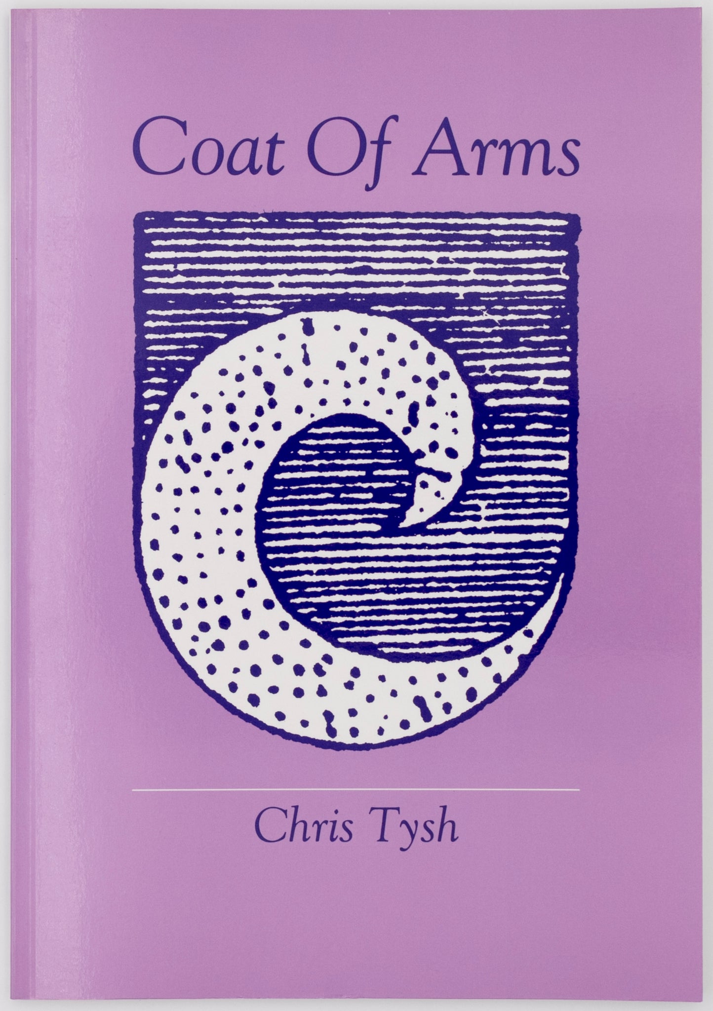 Cover of the book Coat Of Arms by Chris Tysh. The cover is a light purple while the text and illustration are in a darker purple. The illustration is in the center of the page and is of a organic swirl shape that is mostly white with purple dots on the inside of it. Behind the swirl is a square made of dark purple and white stripes.  