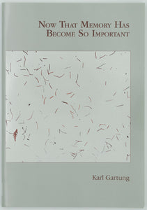 Cover of book titled now that memory has become so important by Karl Gartung. The book is a light green with brown text. There is a lighter green square in the center with brown lines scattered everywhere.