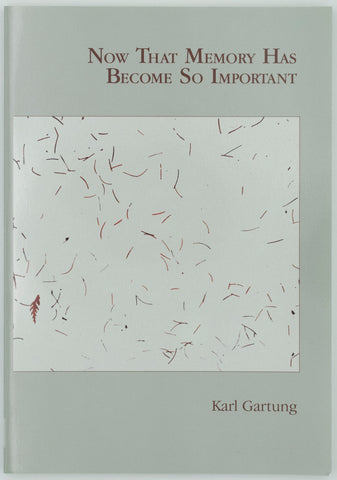 Cover of book titled now that memory has become so important by Karl Gartung. The book is a light green with brown text. There is a lighter green square in the center with brown lines scattered everywhere.