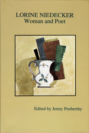 Cover of the book Lorine Niedecker: Woman and Poet. The book is yellow with black text. In the center of the cover is a square outlined in black. Inside the square is a vase/water pitcher in white with a floral detail on it. Behind the vase are four rectangular abstract shapes in the colors green, red, blue, and black. The red shape has white dots all over it. The background of the square is yellow with white in it. The bottom left of the square is darker so it looks like a shadow.
