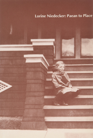 Cover of the book titled Lorine Niedecker: Paean to Place. The cover is a sepia colored photograph of a young female presenting individual sitting on the front steps of a building. Their body is slightly twisted and facing the right.